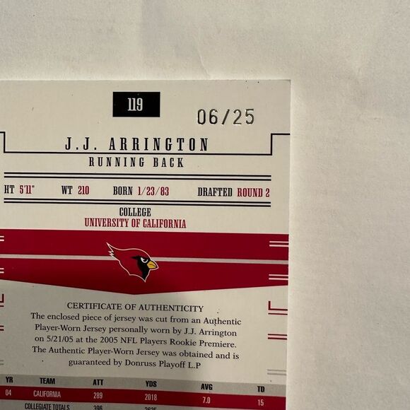 Arizona Cardinals Rookie Trading Card with Jersey Patch of JJ Arrington mint - Picture 4 of 4